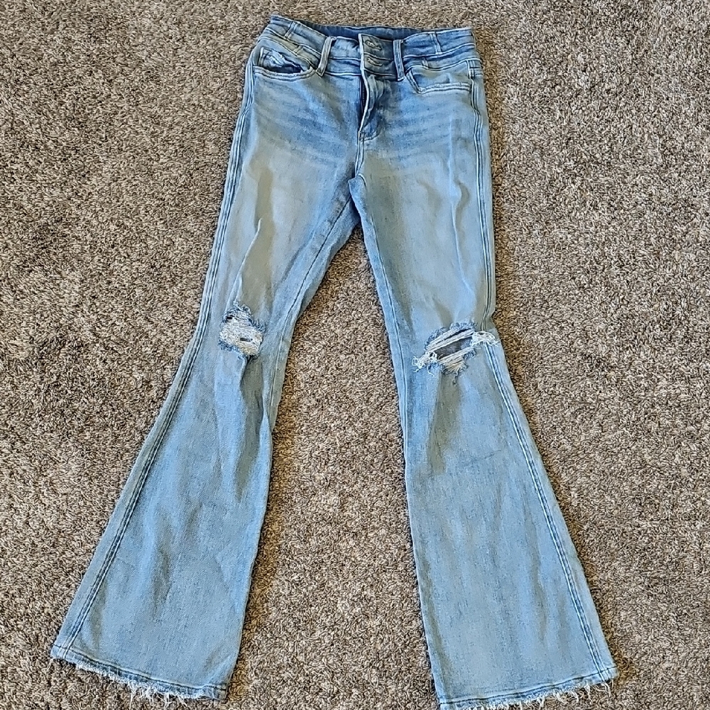 STUNNING FLYING MONKEY HI RISE DISTRESSED FLARES LIGHTWASH - Picture 2 of 11